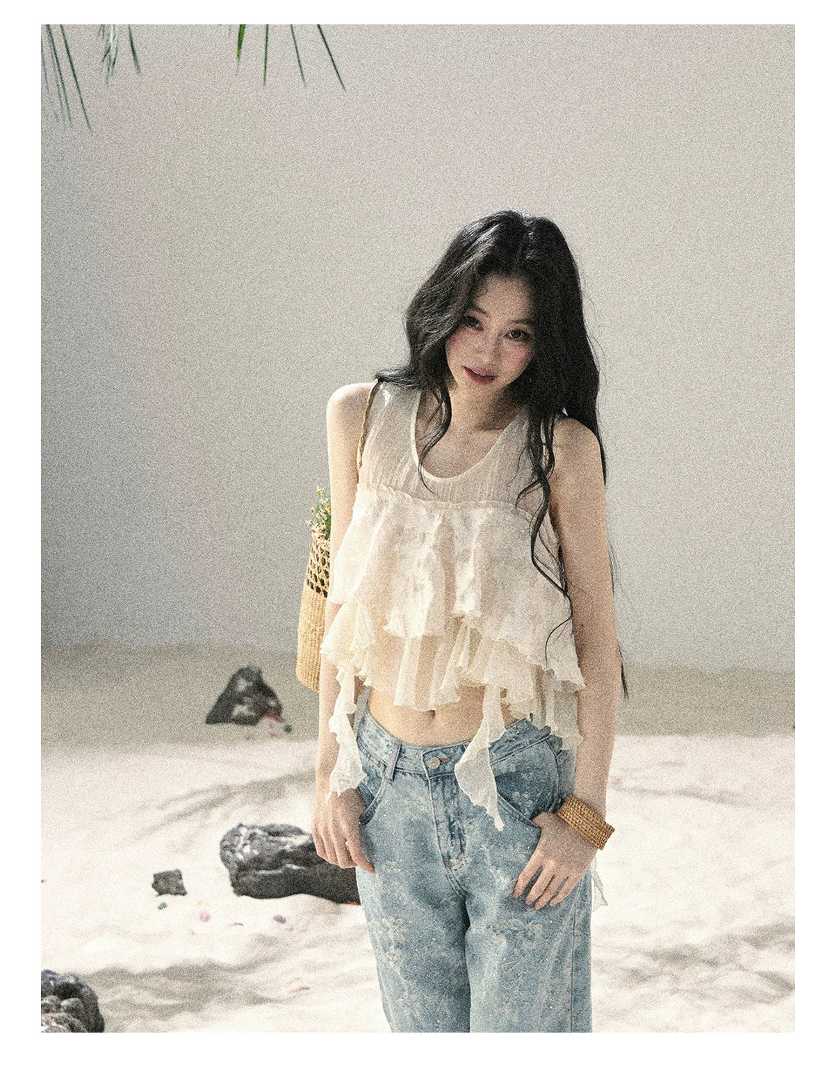 "Moonlight Across the Lake" Pale Goose Yellow Chiffon Mesh Sleeveless Crop Top