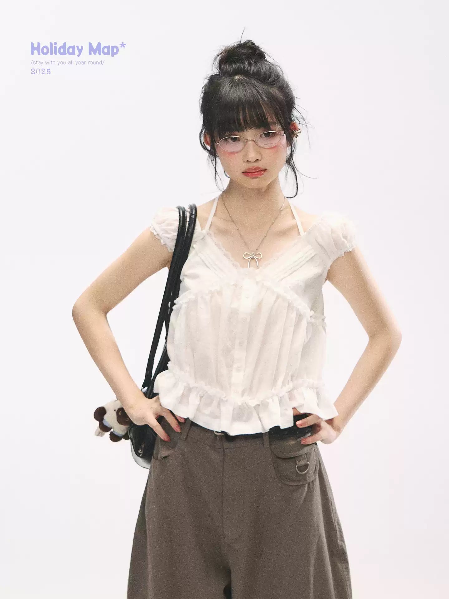 "French Meadow Romance" Ivory Lace Trim Halter Tie V-Neck Cotton Blouse