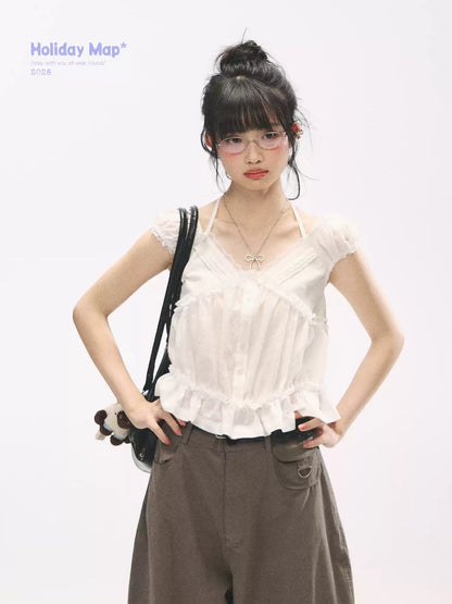 "French Meadow Romance" Ivory Lace Trim Halter Tie V-Neck Cotton Blouse