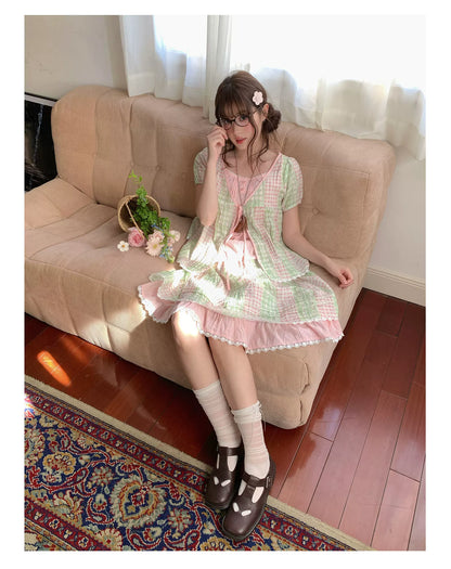 [RF] “Green Grape Picnic” Pastel Plaid Two-Piece Skirt Set