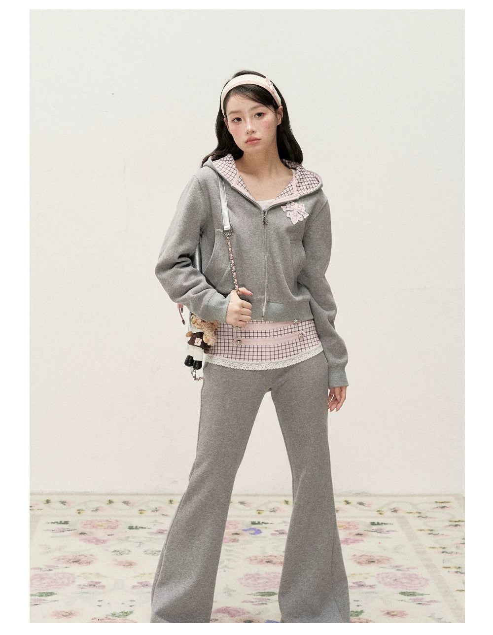 [RF] Soft Gingham Color-Block Hoodie and Flare Pants Set (Blue / Mauve)