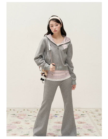 [RF] Soft Gingham Color-Block Hoodie and Flare Pants Set (Blue / Mauve)