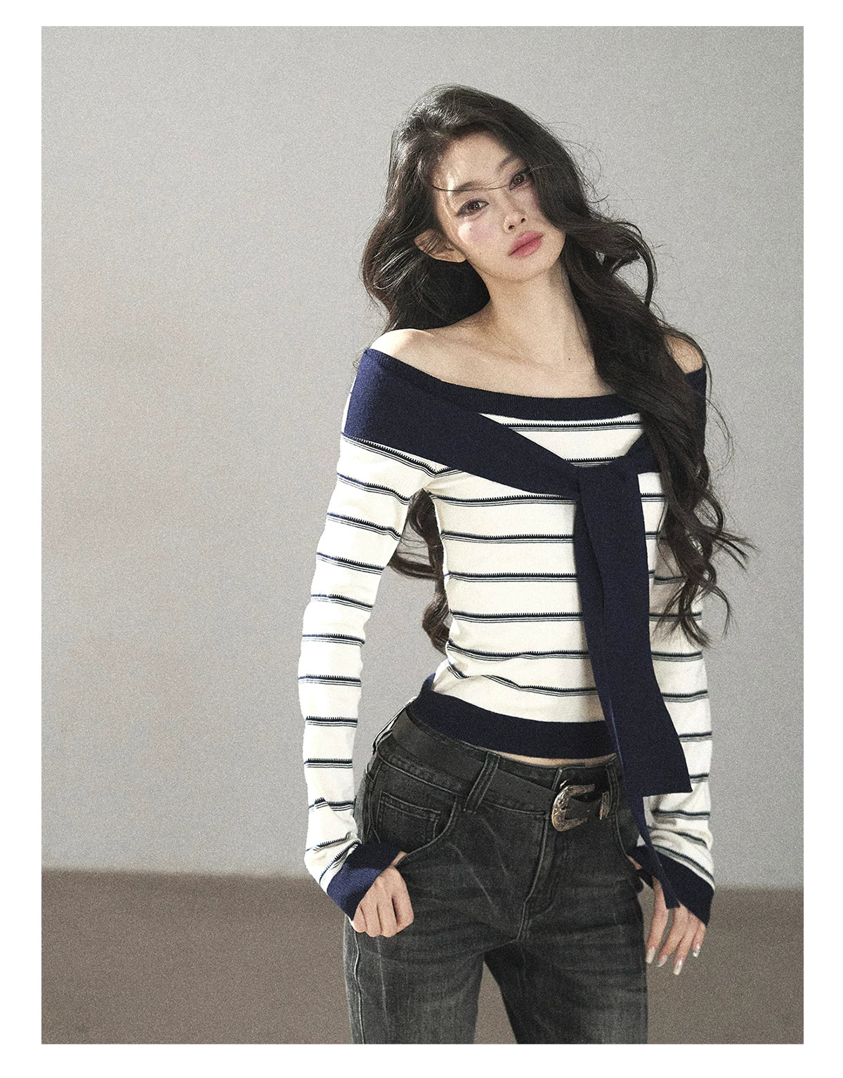 AOMALM - Ivory Stripe Faux-Layered Knit Top with Shoulder Ties