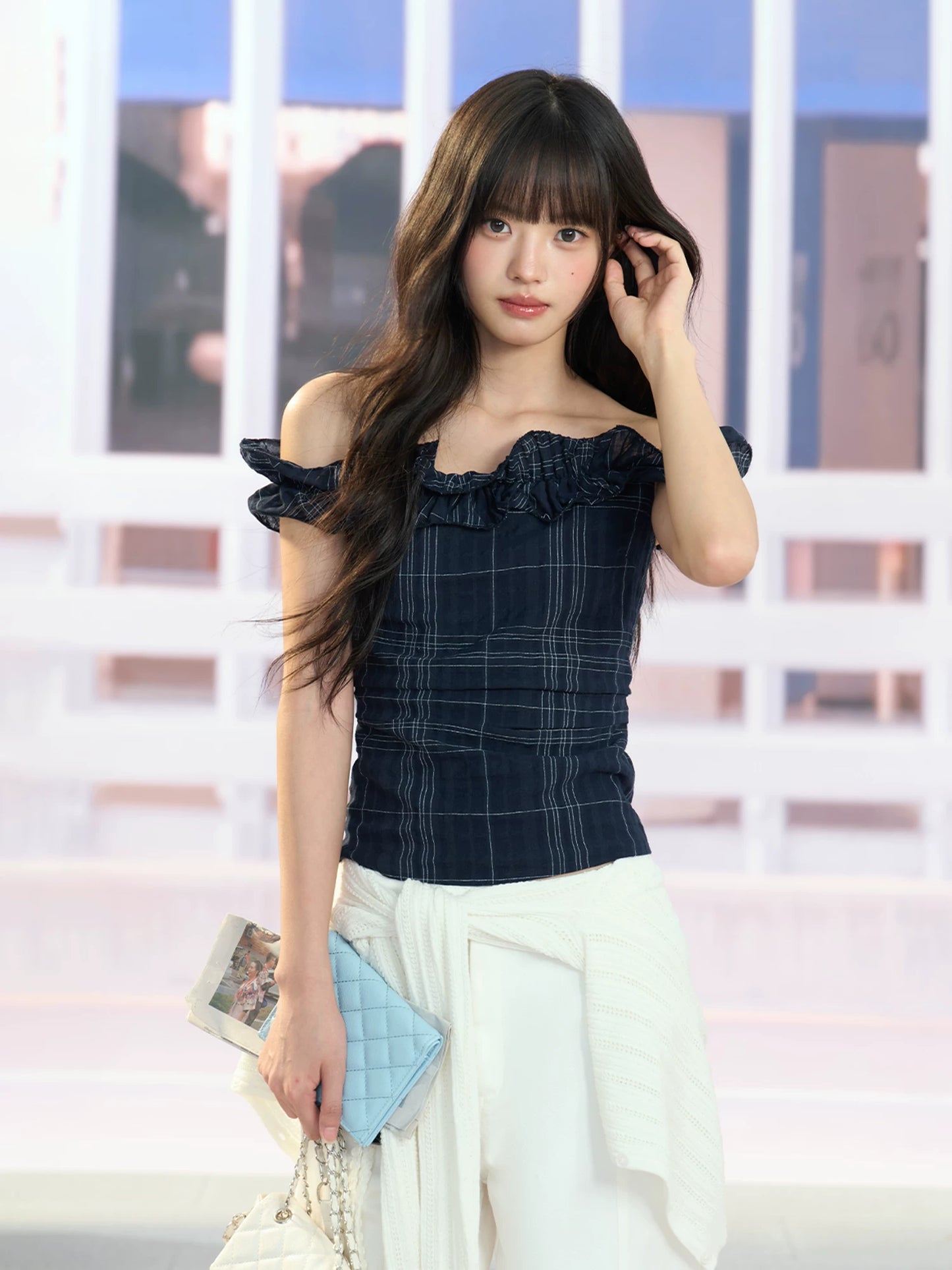 "Vintage Arrival" Navy Plaid Off-Shoulder Ruffle Top