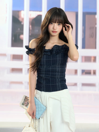 "Vintage Arrival" Navy Plaid Off-Shoulder Ruffle Top