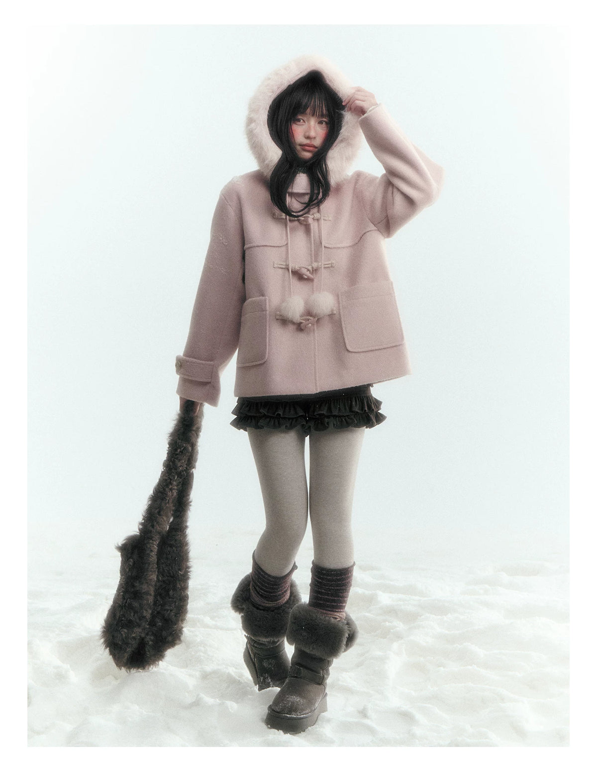 Horridale - Preppy Hooded Wool-Blend Duffle Coat with Pom-Pom Details – Mist Pink