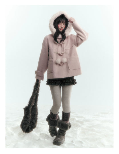Horridale - Preppy Hooded Wool-Blend Duffle Coat with Pom-Pom Details – Mist Pink