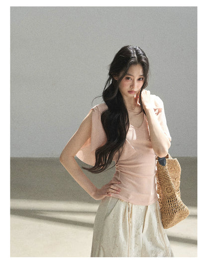 "Where Clouds Fall" Ruffle Sleeve V-Neck Crop Top (Forest Green/ Sage Gray/ Misty Blue/ Cinnamon Pink)