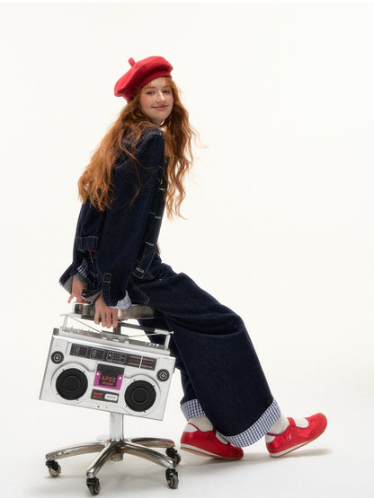 ASGONY - Patchwork Denim Jacket & Wide-Leg Jeans Set