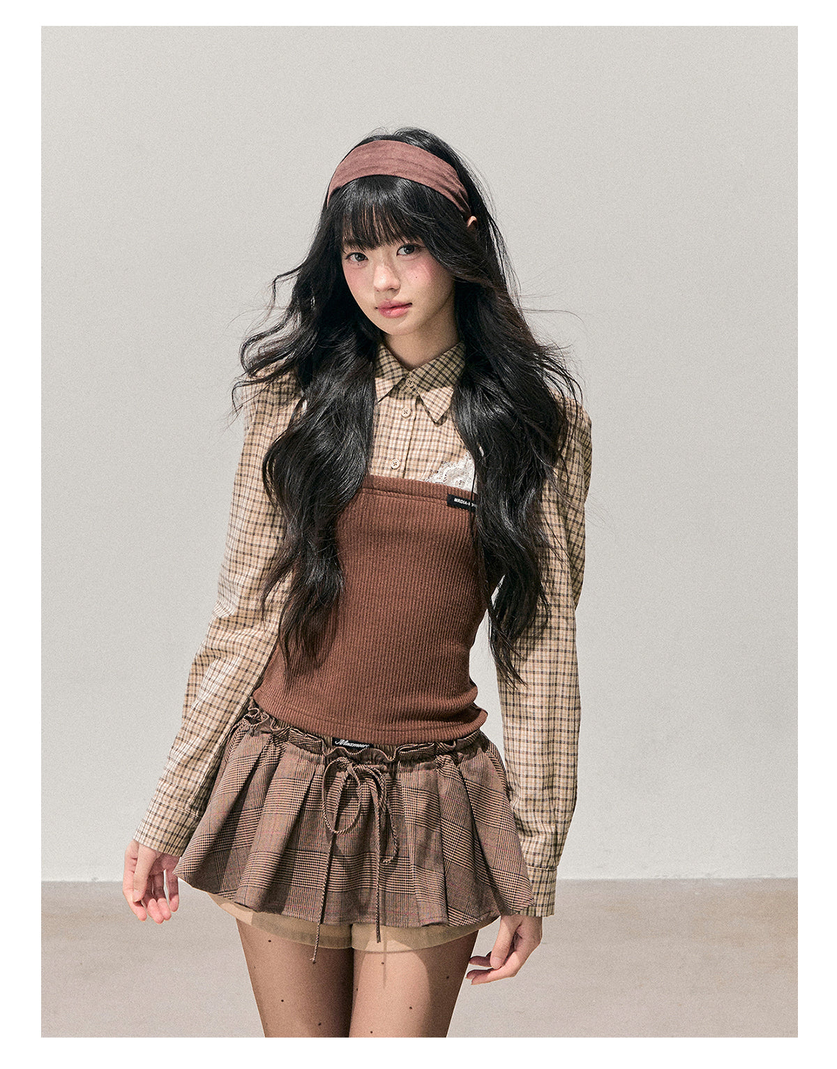 少也眼 "Falling Leaves Trace" Faux Layered Lace Plaid Knit Top