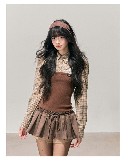 少也眼 "Falling Leaves Trace" Faux Layered Lace Plaid Knit Top