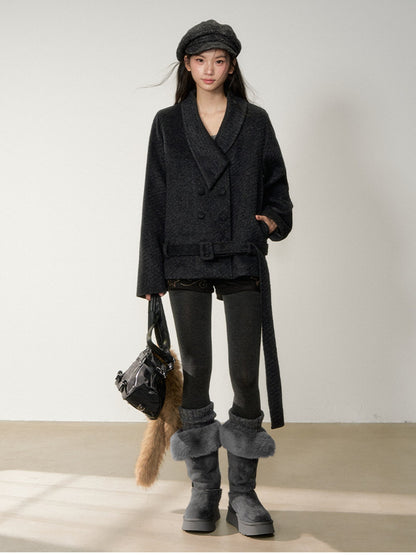 Soote Season - “Retro Twill Grace” Asymmetrical Faux Fur Collar Double-Breasted Wool Coat