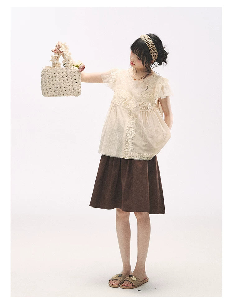 "Apricot Blossom Letter" Oatmeal Lace Patchwork Short Sleeve Blouse
