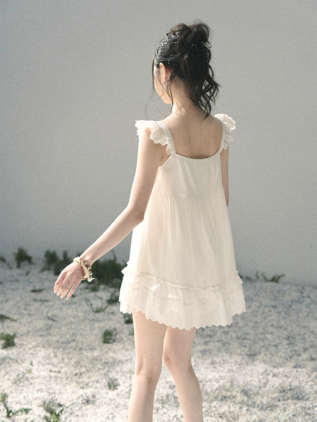 "Shimmer Along the Hem" Cloud White Lace Flutter Sleeve Babydoll Mini Dress 53413