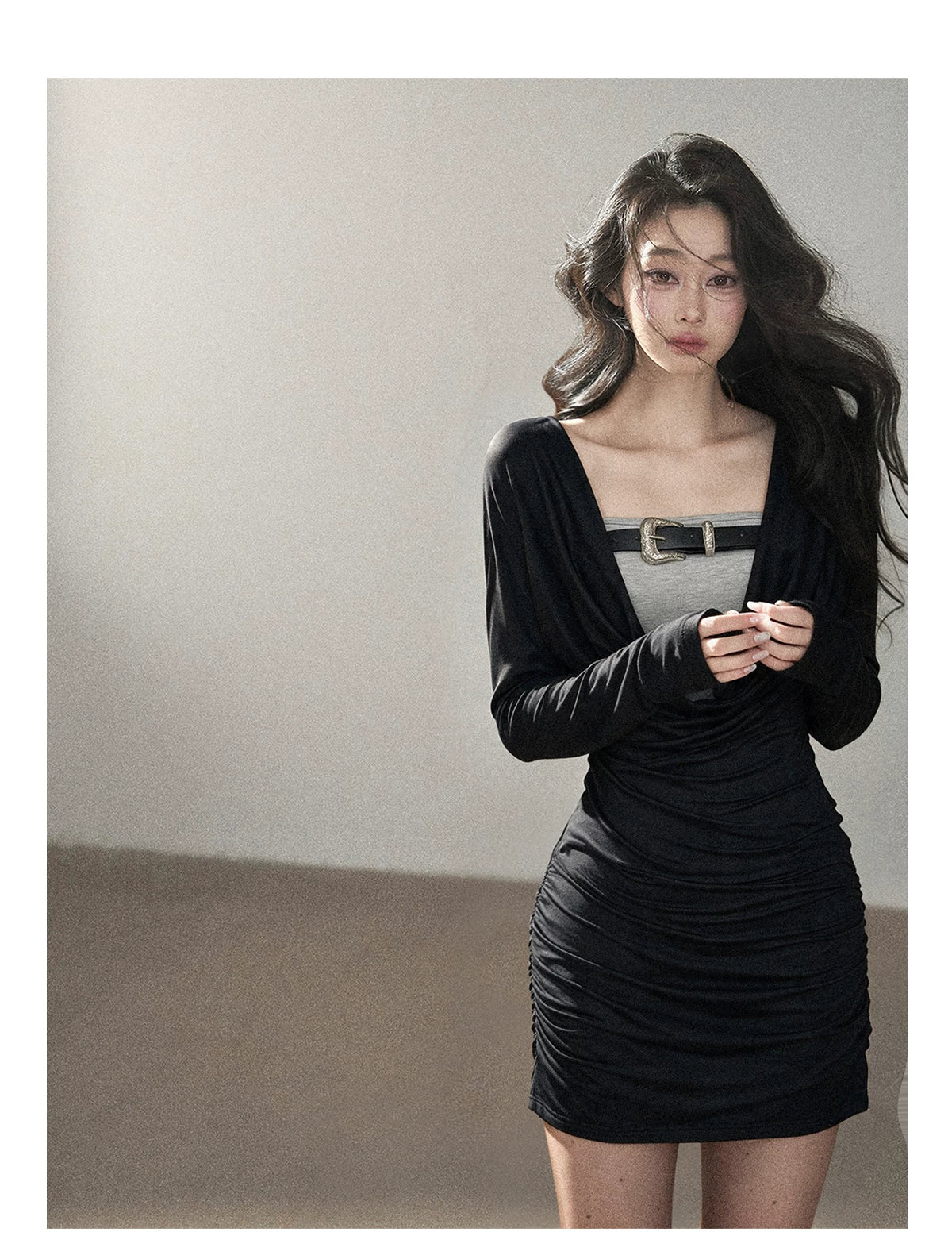 AOMALM - "Misty Shore" Quiet Black Layered Knit Mini Dress
