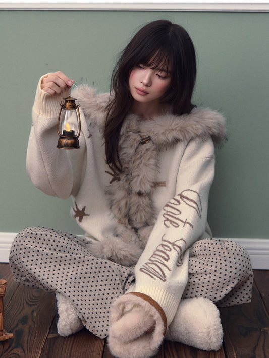 Soote Season - Hooded Star Jacquard Knit Cardigan with Faux Fur Collar - Cream White