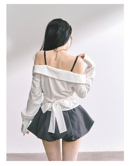 少也眼 "London Reveries" Off-Shoulder Plaid Sun-Proof Shirt - White