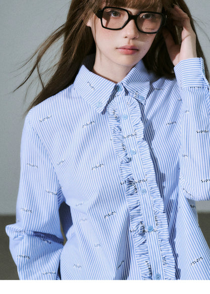 LOST FOREST - Blue Stripe Floral Jacquard Cropped Shirt