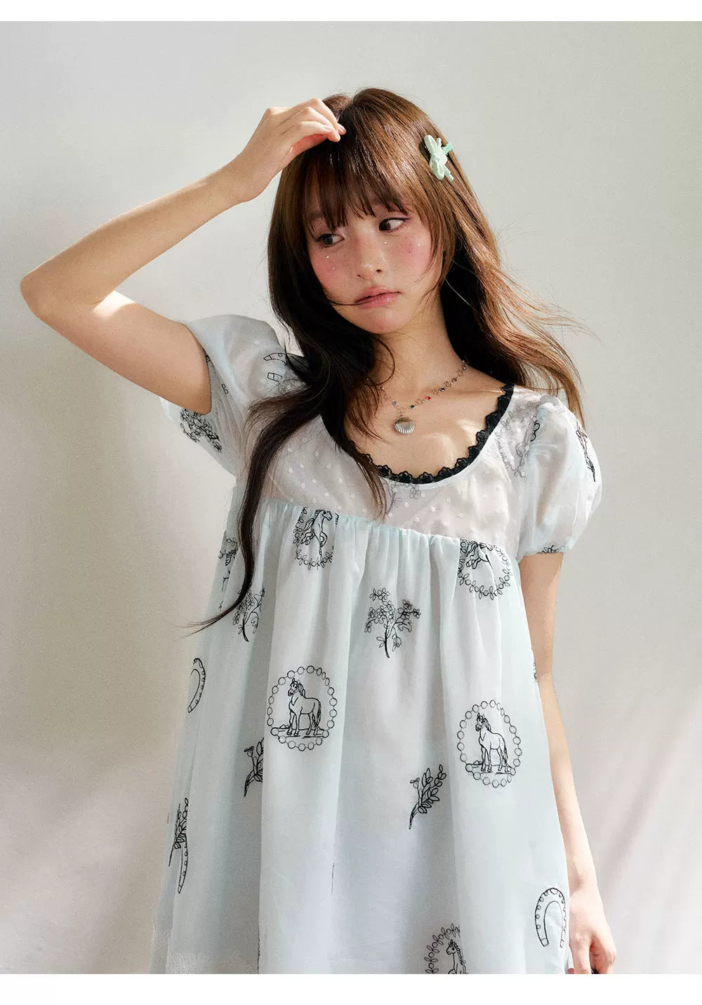 “Brown Sugar Fairytale” Blue Embroidered Puff Sleeve Dress