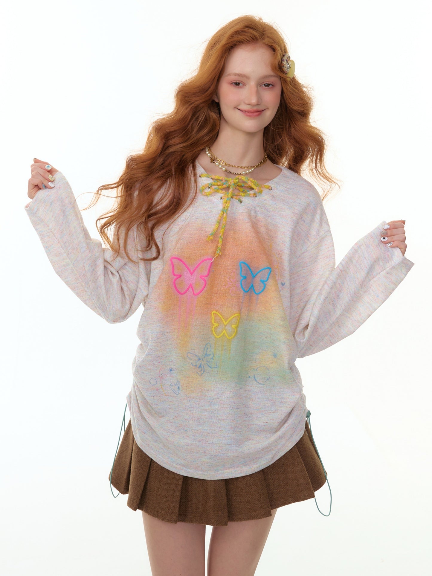 ZiziFei - Y2K Butterfly Knit Top – Rainbow Lace-Up Pullover with Heart Toggle
