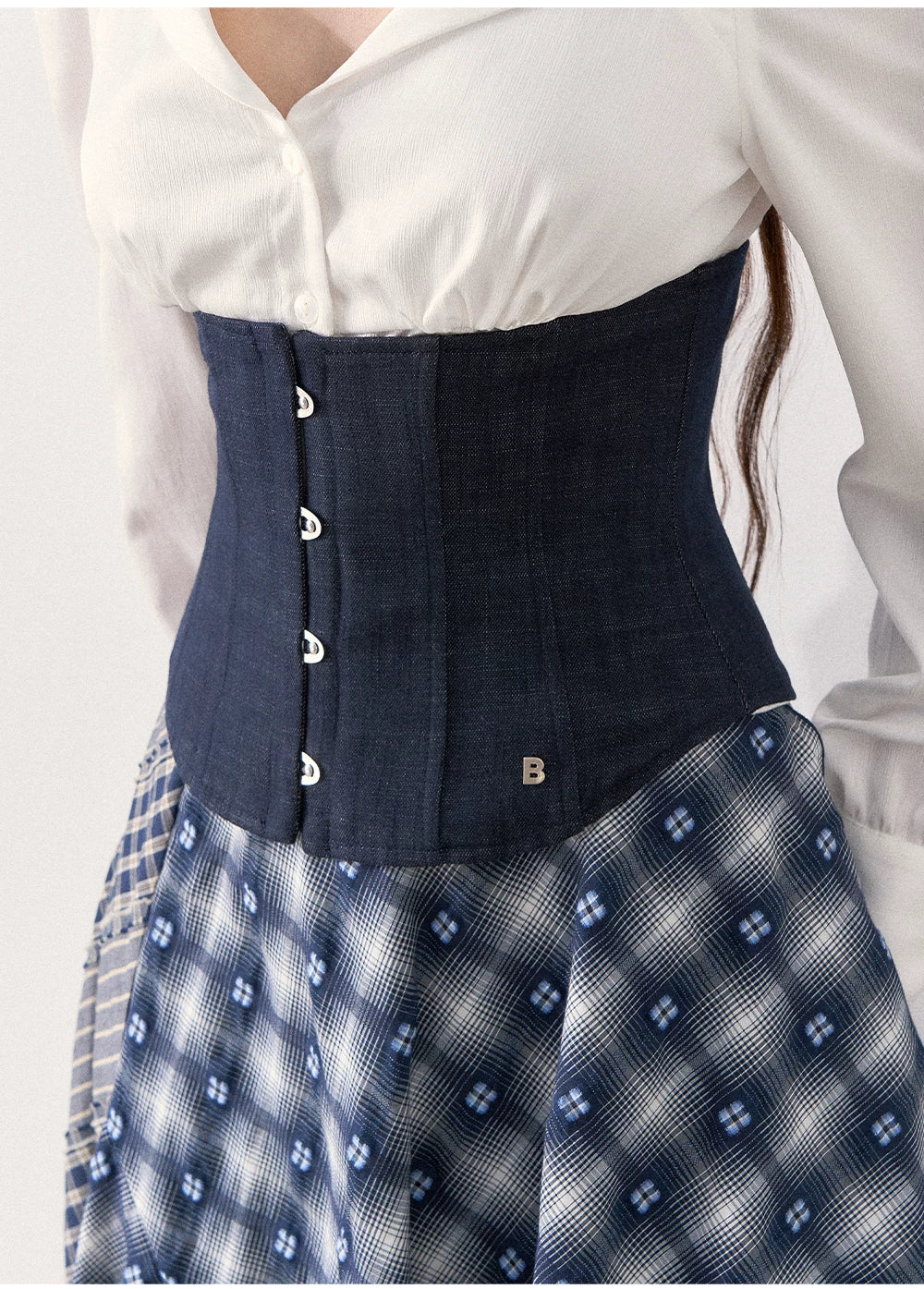 [TMMG] Retro Sweetheart Collar Shirt & Denim Corset Waist Belt Asymmetric Plaid Skirt Set