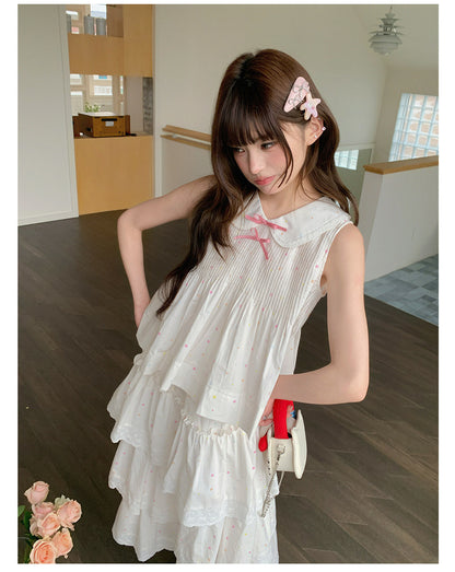 “Starfall Fairytale” White Ribbon Sleeveless Top & Layered Lace Skirt