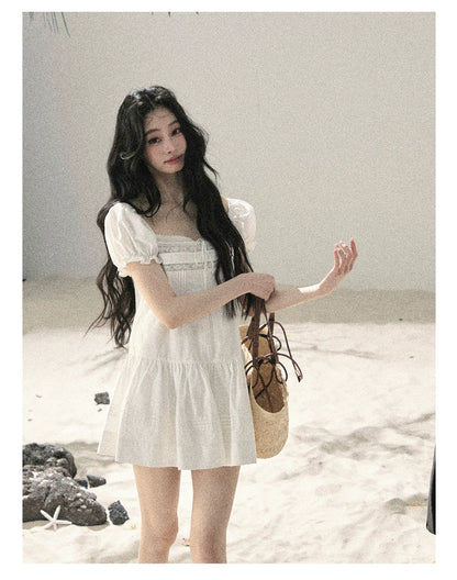 "Light as a Cloud" Frost White Puff Sleeve Lace Babydoll Mini Dress