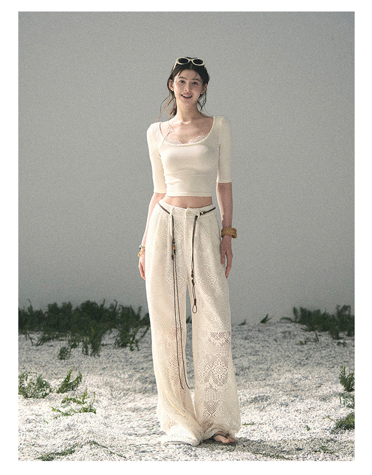 “Soft Winds in Lace” Ivory Lace Trim Fitted Top