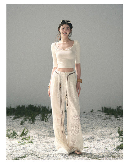 “Soft Winds in Lace” Ivory Lace Trim Fitted Top