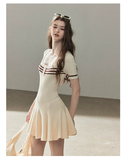 "First Date" Ivory Square Neck Knit Pleated Mini Dress