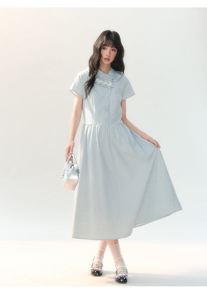 [CAN] "Dawn Island" Blue Puff Sleeve Doll Collar Dress
