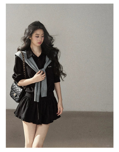 AOMALM - "Whispers of the Night" Serene Black Korean Intellectual Chic Shirt & Mini Skirt Set