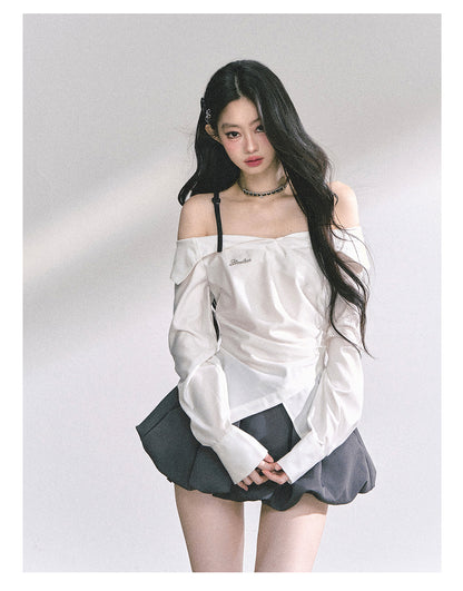 少也眼 "London Reveries" Off-Shoulder Plaid Sun-Proof Shirt - White