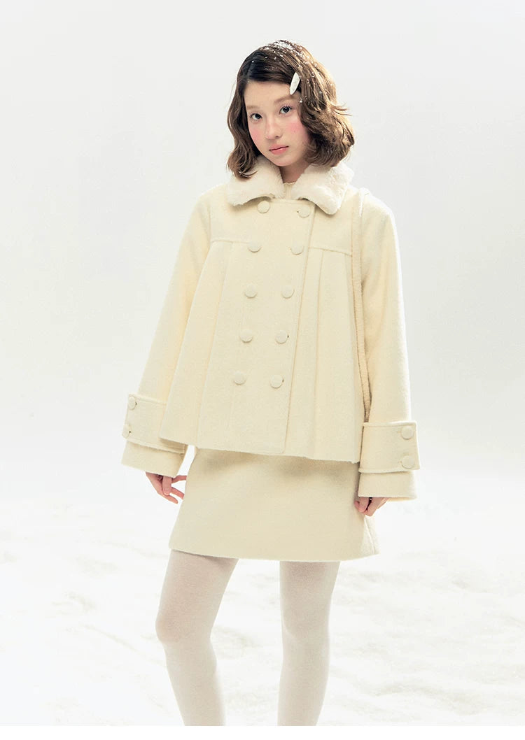 "Berlin Snowfall" Double-Breasted Quilted Wool-Blend Peacoat (Ivory/ Chocolate Brown)