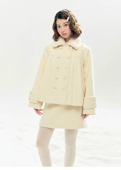 "Berlin Snowfall" Double-Breasted Quilted Wool-Blend Peacoat (Ivory/ Chocolate Brown)