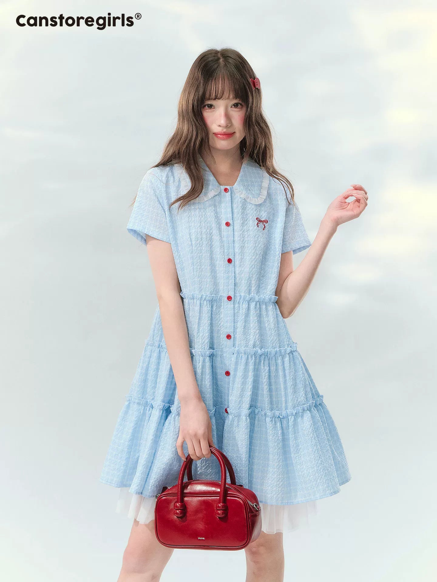 “Weaving Red Melody” Blue Plaid Tiered Ribbon Dress SJ2026125