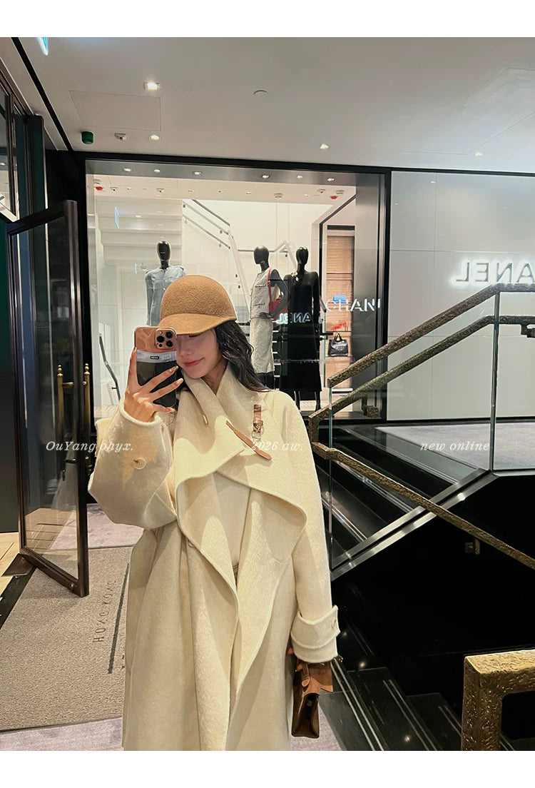 QuQuOuYang - 100% Wool Double-Face Belted Coat with Convertible Collar