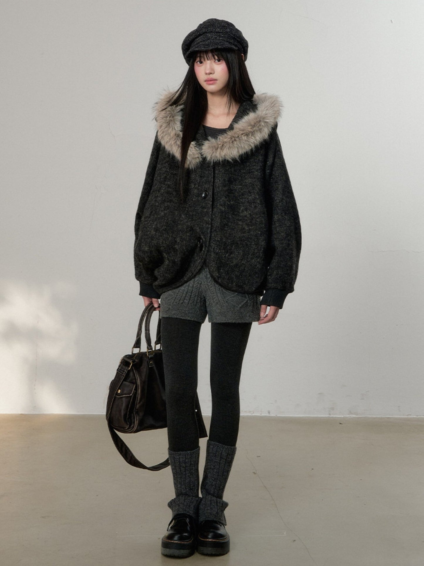 Soote Season - Dark Gray Wool Batwing Cape Coat with Faux-Fur Collar