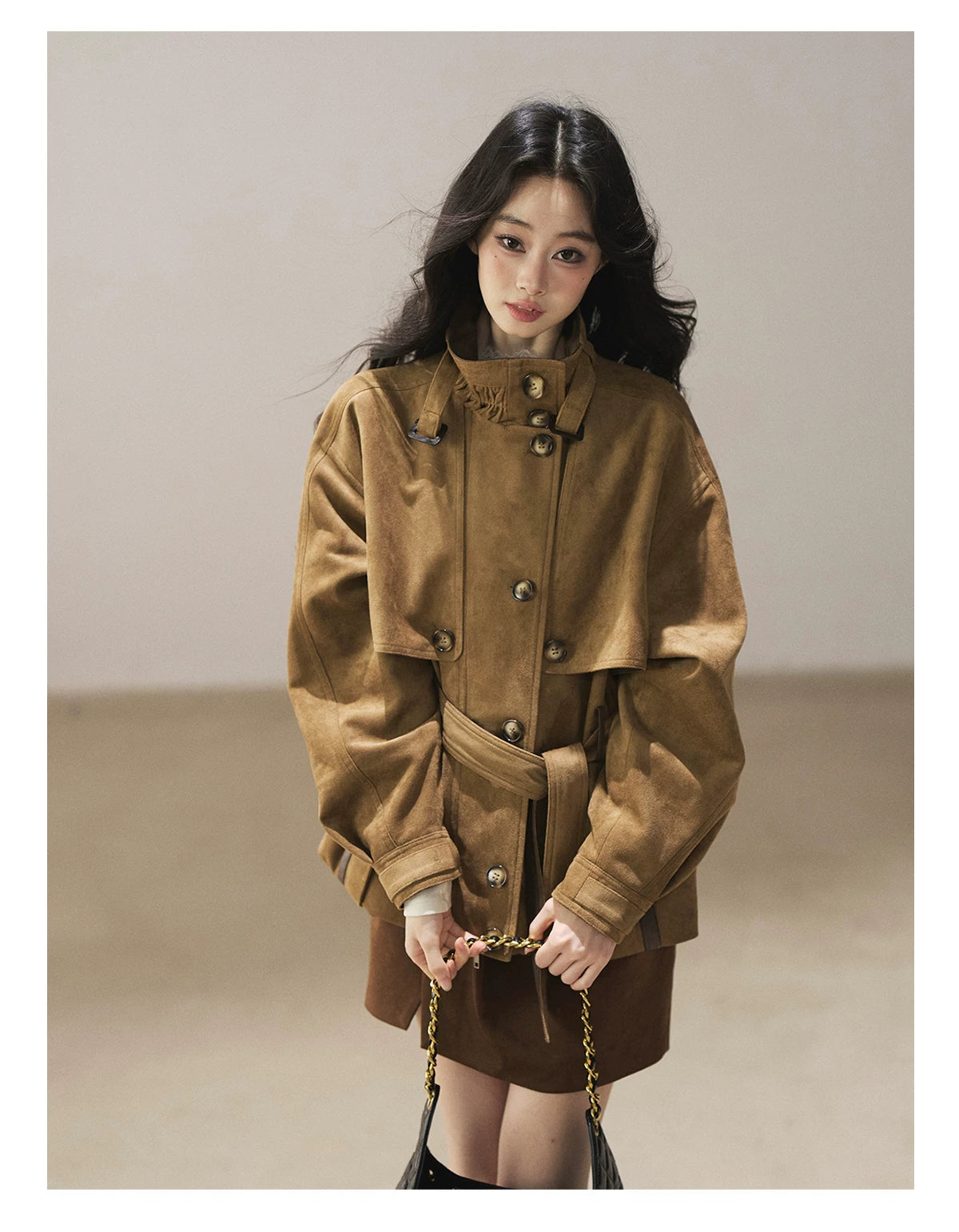 AOMALM - Chestnut Brown Faux-Suede Cropped Utility Coat with Belt