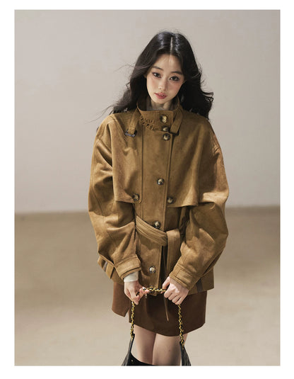 AOMALM - Chestnut Brown Faux-Suede Cropped Utility Coat with Belt