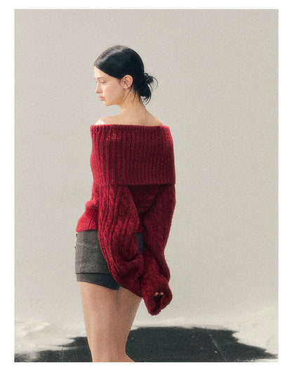 少也眼 "Crimson Glow on the Shoulders" Off-Shoulder Cable Knit Cropped Sweater
