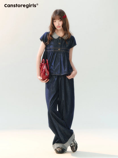 "Denim Check Prelude" Indigo Denim Three-Piece Set