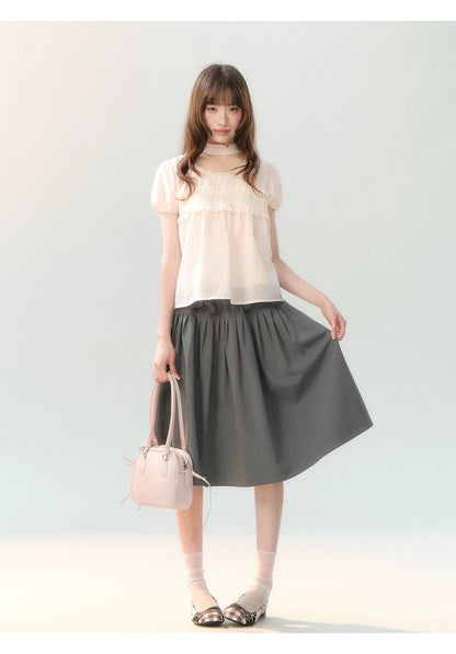 "Cloud Gray Sweet Pleats" Gray Stripe Bow Pleated Skirt LL2026219