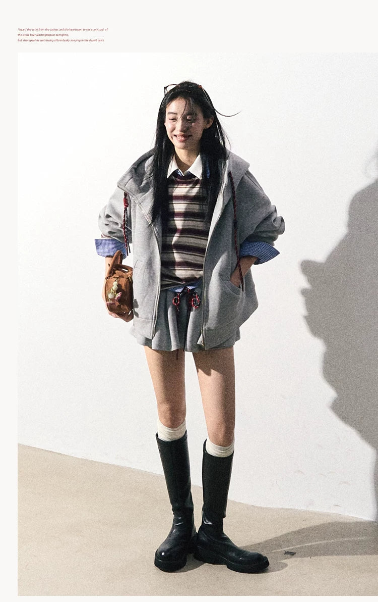 OAKMOO/ "A Trace of Self" Light Heather Gray Miu-Inspired Sporty Hoodie & Skirt Set