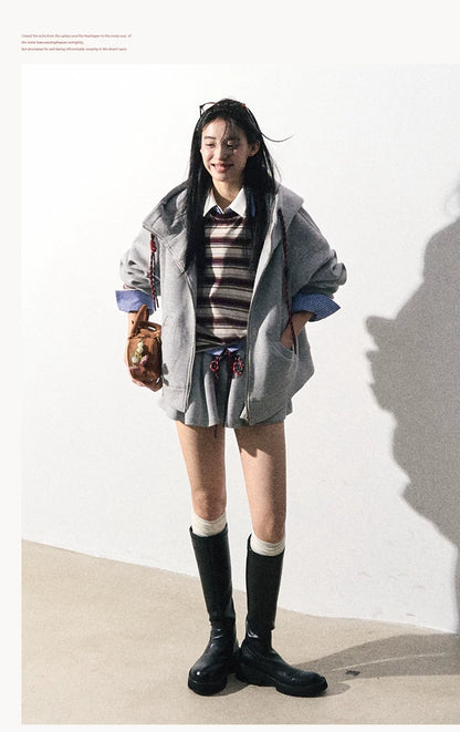 OAKMOO/ "A Trace of Self" Light Heather Gray Miu-Inspired Sporty Hoodie & Skirt Set