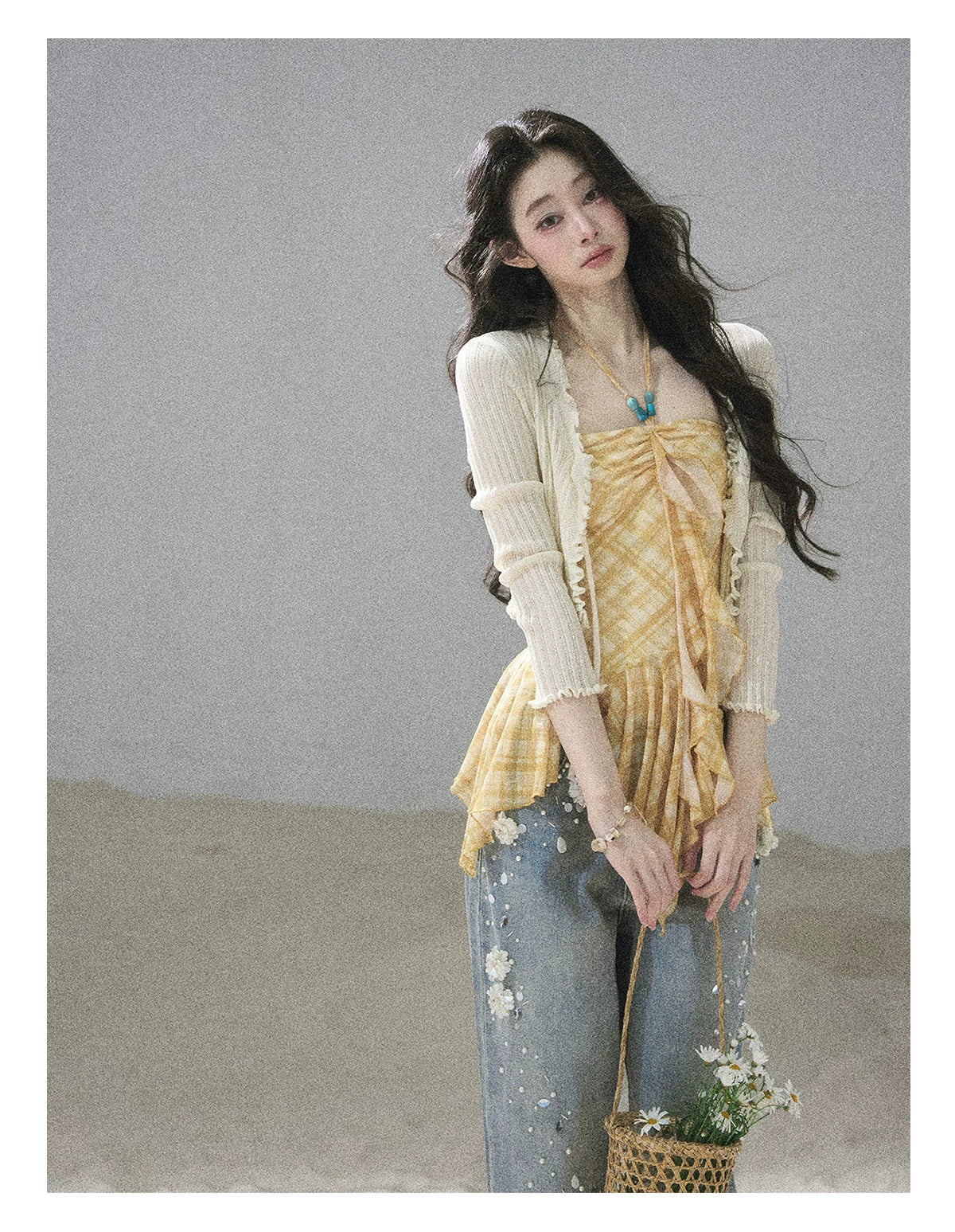 "Starlit Grace" Mist Blue Handmade Floral Wide-Leg Jeans