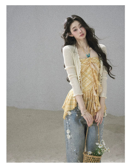 "Starlit Grace" Mist Blue Handmade Floral Wide-Leg Jeans