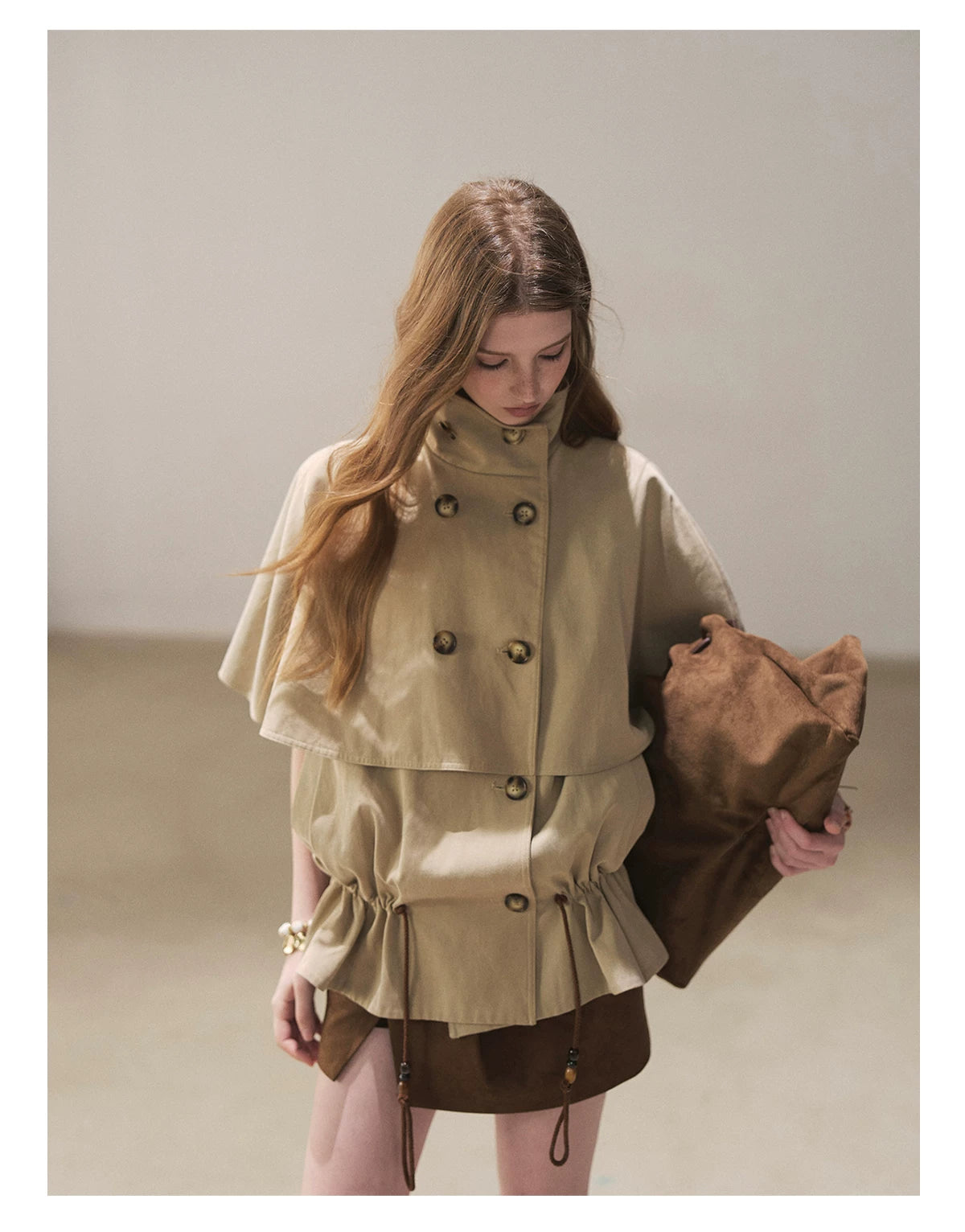 AOMALM - "Through the Oak Grove" Almond Taupe Cape Coat with Drawstring