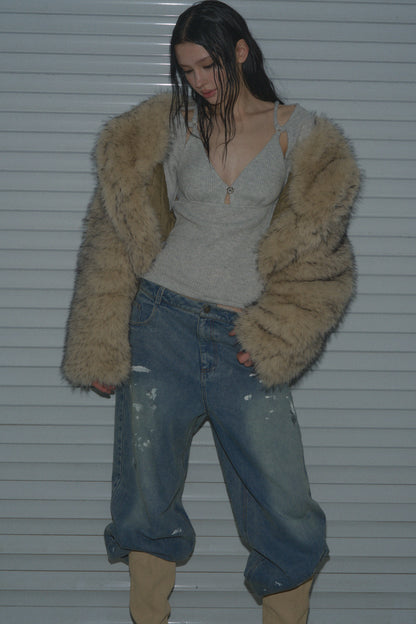 Muirgen - Y2K Tipped Faux Camel Hair Shawl Cropped Jacket