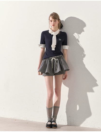 "Beyond the Classroom" Navy Layered Knit Top with Floral Tie
